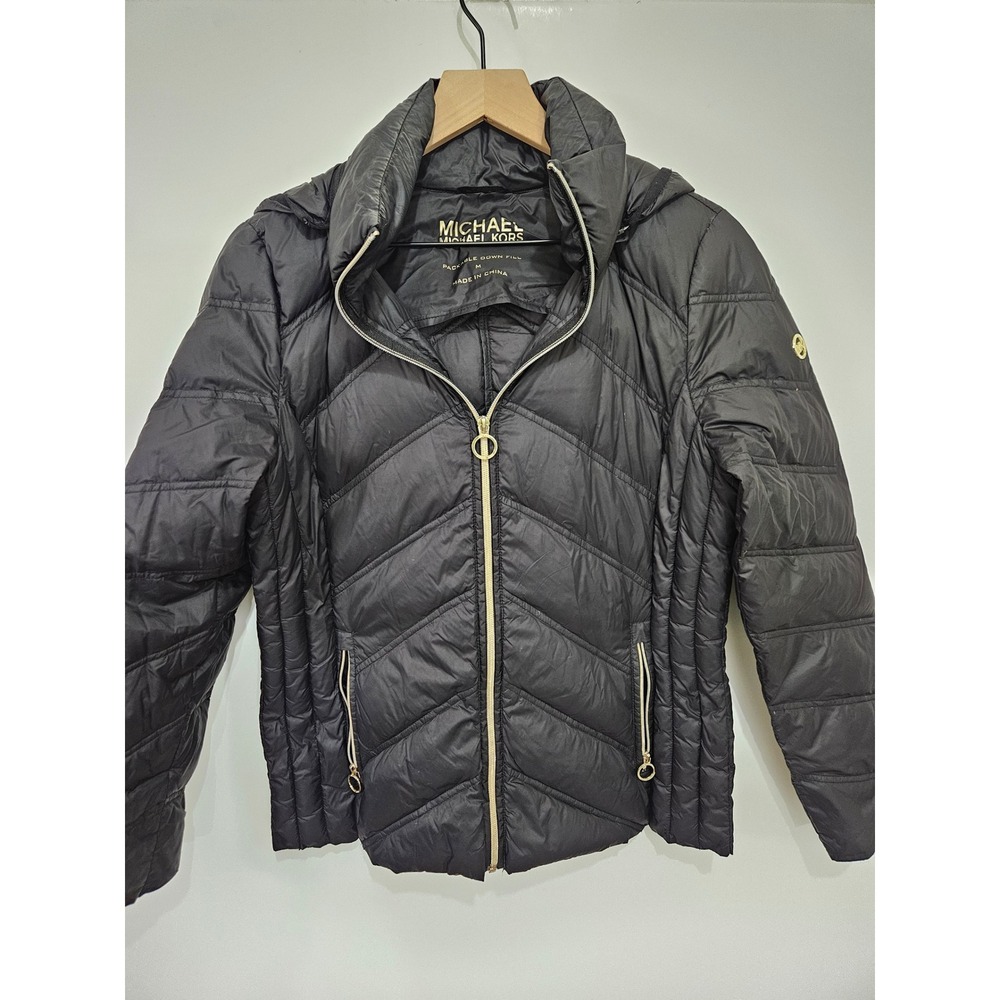 Michael Michael Kors Black Packable Down Puffer Jacket Gold Hardware Womens Med